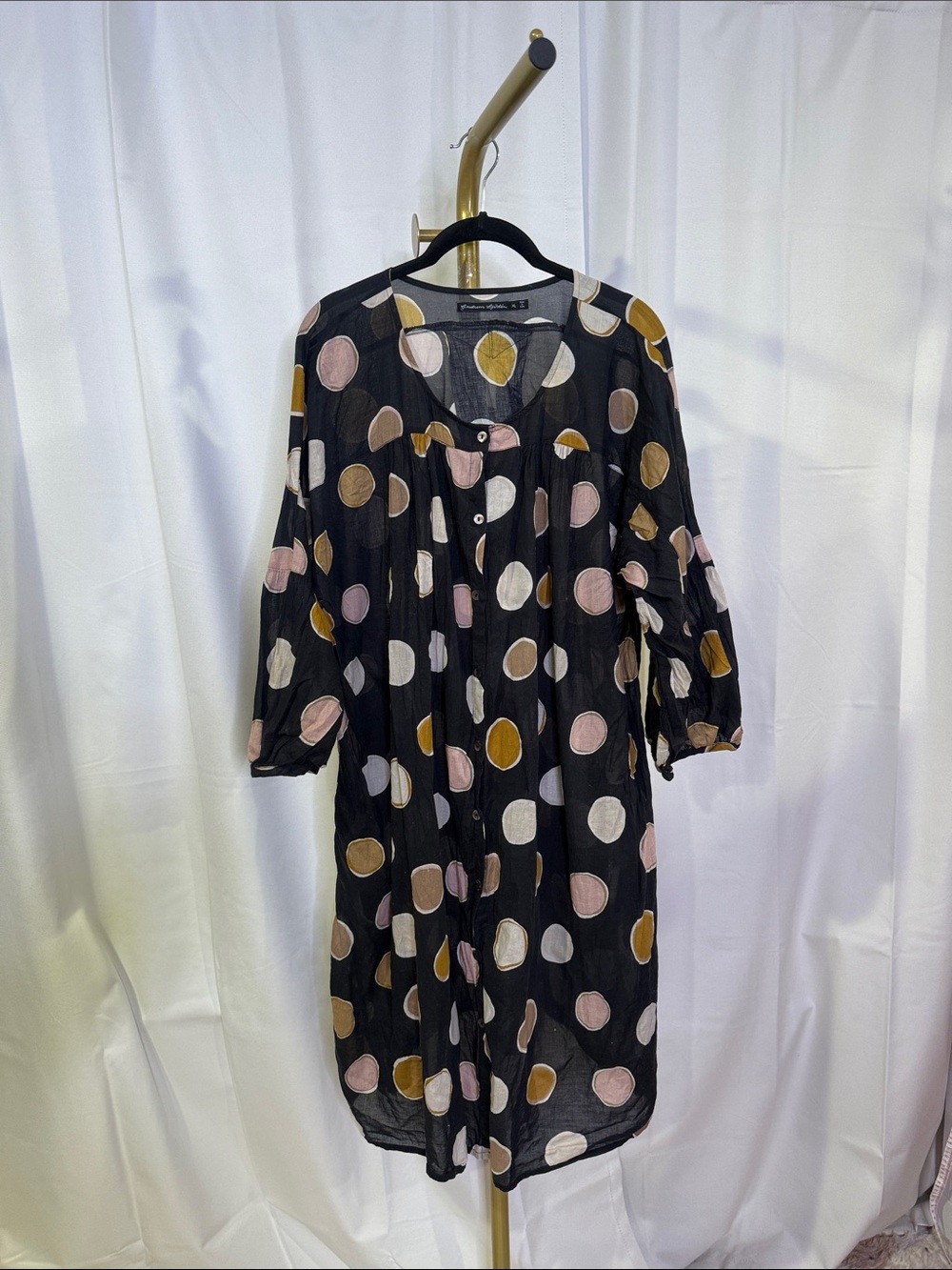 Gudrun Sjoden Cotton Black Polka Dot Button-Front Midi Dress - Neutral Dot XL